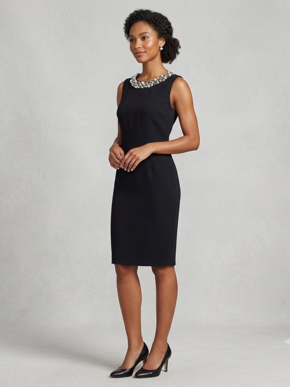 Calvin Klein Black Midi Sheath Dress with Pearl Collar Size 12